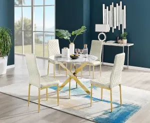 Furniturebox UK Novara White Marble Gold Leg Round Dining Table & 4 Cream Velvet Milan Gold Leg Chairs