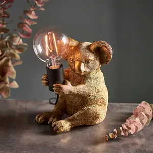 Vintage Gold Koala Table Light - Resin Figure - Matt Black Lamp Holder