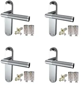 4 Sets of Mitred Door Handles On Backplate Duo Chrome Satin Chrome Finish 182mm x 45mm Internal Set with Tubular Latch and Hinges