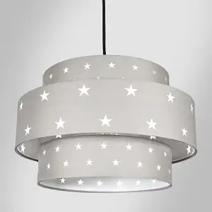 Triple Tier Midnight Grey Cotton Fabric Childrens Pendant Shade with Stars Decor