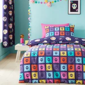 Catherine Lansfield Sugar Skull Fiesta Reversible Duvet Cover Set with Pillowcase Purple