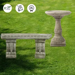 Stone Cast Garden Bench & LaLa Design Birdbath