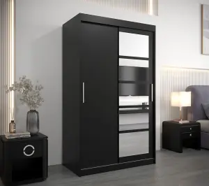 Sleek Black Roma I Sliding Door Wardrobe W1200mm H2000mm D620mm Mirrored Vertical Handles Contemporary Storage Solution