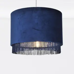 First Choice Lighting Navy Velvet With Chrome Inner Tassled Light Shade