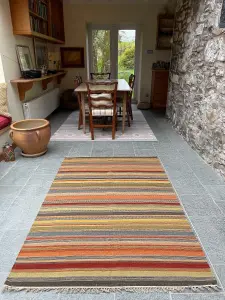 Ooty Kilim Rug Handmade in Rich Wool Multi Colour Stripes / 120 cm x 180 cm