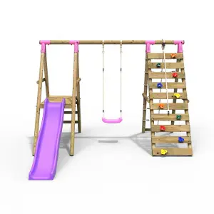 Rebo Wooden Swing Set with Deck and Slide plus Up and Over Climbing Wall - Amber Pink