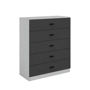 URBNLIVING Height 90.5cm 5 Drawer Wooden Bedroom Chest Cabinet Grey Carcass And Black Drawers Modern Wide Storage Cupboard Closet