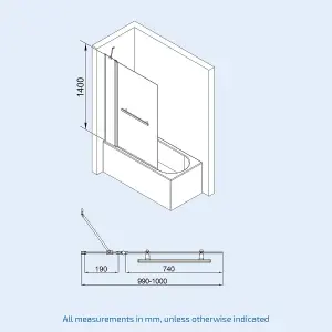 Nes Home Athens 1000mm Square Glass Bath Screen Swing Door & Towel Bar Chrome