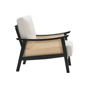 Beige Modern Accent Armchair with Wood Frame Upholstered Rattan Arms Chair for Living Room Bedroom