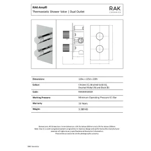 RAK Amalfi Thermostatic Dual Outlet Concealed Shower Valve - Brushed Gold