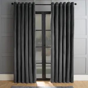 Thermal Matte Velvet Eyelet Curtains 2 Pair Of Ready Made, Charcoal - 90" x 90"