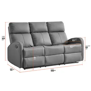 3+2 Manual Reclining Sofa Set with Drop Down Table and Cup Holders in Grey Leather - Parma