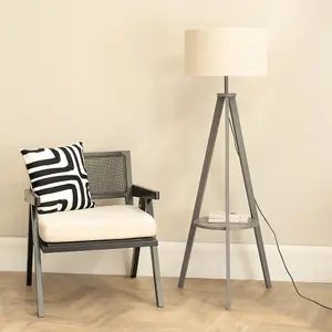 ValueLights Morrigan Grey Wood Tripod Floor Lamp with Linen White Trim Drum Shade & Bulb