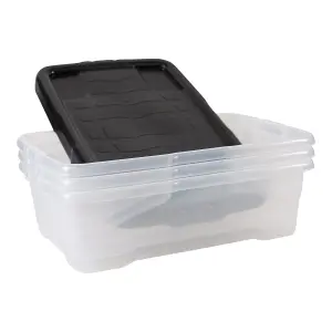 Strata Curve Clear & Black 30L Small Stackable Storage box with Lid, Pack of 3