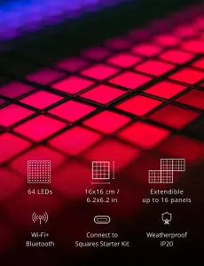 Twinkly Smart Squares Extensions Pack App-controlled LED Panels with 64 RGB (16 million colours) 3 Tiles for Squares Starter Kit