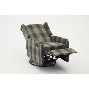 Charles Swivel Recliner Armchair Grey Tartan Wing Back Sofa With Adjustable Footrest