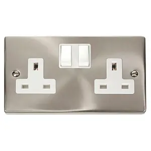 Satin / Brushed Chrome 2 Gang 13A Twin Double Switched Plug Socket - White Trim - SE Home