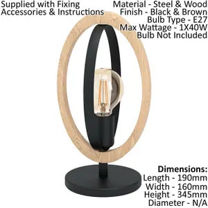 Table Lamp Desk Light Black Steel & Wood Ring Loop Shade 1 x 40W E27 Bulb