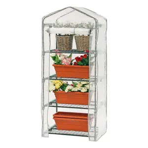 4-Tier Mini Greenhouse Cold Frame - Reinforced White PE Plastic Grow House with Steel Frame and Four Shelves (69 x 49 x 160cm)