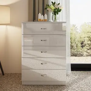 White Gloss 5 Drawer Chest Of Drawers Bedroom Furniture