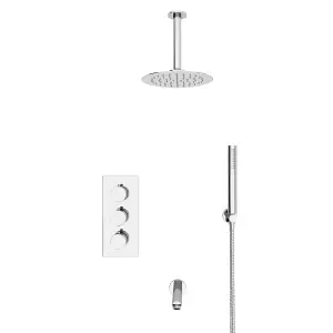 Flora Round 3 Way Concealed Thermostatic Shower Mixer Valve, Shower Head, Arm, Handset, Bath Spout Set Chrome