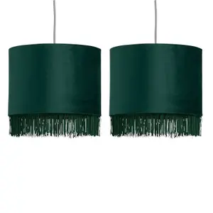 First Choice Lighting Set of 2 Tassel Dark Green Velvet with Gold Inner Easy Fit 25cm Pendant Shades