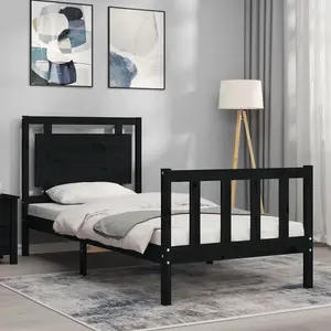 Berkfield Bed Frame with Headboard Black Small Single Solid Wood