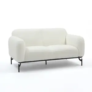 2 Seater Loveseat Small Sofa in White Teddy Boucle Fabric