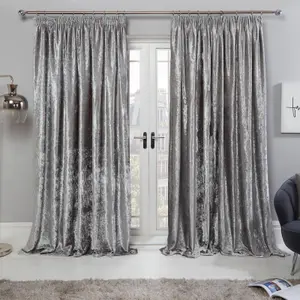 Sienna Crushed Velvet Pair of Pencil Pleat Curtains, Silver - 66" x 54