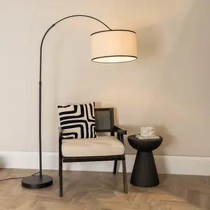 ValueLights Louis Black Metal Arched Floor Lamp with Linen Black Trim Drum Shade and LED Bulb