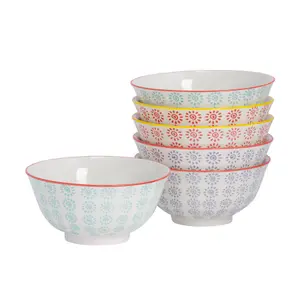 Nicola Spring - Hand-Printed Cereal Bowls - 16cm - Turquoise - Pack of 6