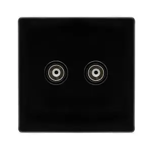 Matt Black Screwless Plate Twin Isolated Coaxial Socket - Black Trim - SE Home