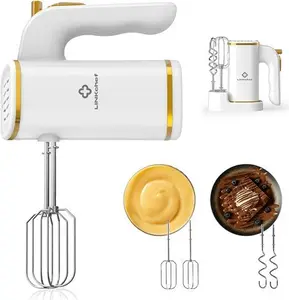 Linkchef Anti-Splash Hand Mixer Electric Whisk With Storage Base, 5-Speed White Electric Hand Whisk For Baking, 450W, Hand Held Food Mixer With