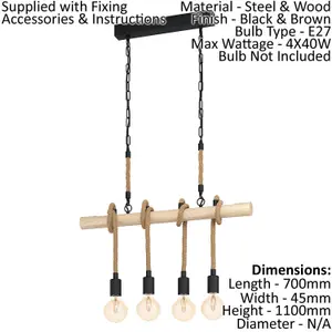 Hanging Ceiling Pendant Light Black & Wood / Rope 4x E27 Kitchen Island Lamp