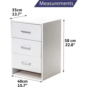 Chest of 3 Drawers White Bedside Table Metal Handles and Runner