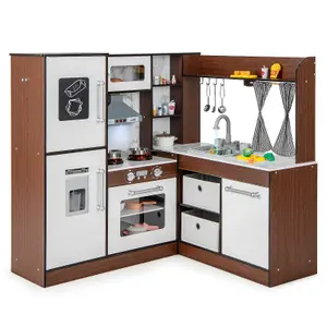 Costway Corner Play Kitchen for Kids Wooden Toddler Kitchen Playset w/ Lighted Range Hood