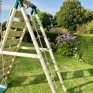 Rebo Wooden Swing Set with Deck and Slide plus Up and Over Climbing Wall - Jade Green