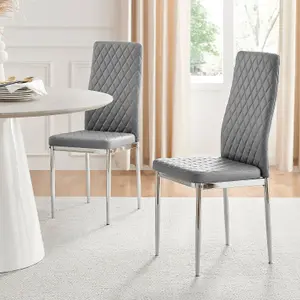 Set of 6 Milan Elephant Grey High Back Soft Touch Diamond Pattern Faux Leather Chromed Metal Leg Dining Chairs