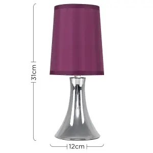 ValueLights Pair of - Small Chrome Touch Table Lamps with Purple Fabric Shades With 5w LED Dimmable Candle Bulbs In Warm White