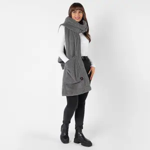 OHS Teddy Fleece Scarf Long Heated Pockets Warm Wrap Shawl, Charcoal - One Size