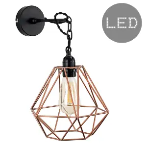 ValueLights Huber Satin Black Wall/Ceiling Light Fitting with Copper Metal Cage Shade and 4w LED Bulb In Warm White