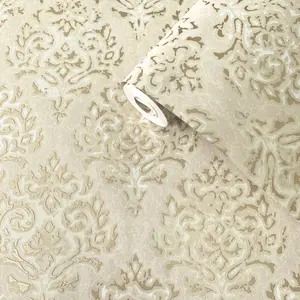 Lustre Collection Metallic Embossed Modern Damask Wallpaper Roll