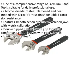 3 Piece Adjustable Wrench Set - 100mm 200mm & 250mm - Machined Jaws - Metric