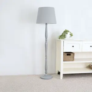 ValueLights Victoria Traditional Grey Wood Candlestick Floor Lamp with Grey Tapered Shade