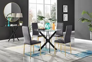 Furniturebox UK Novara Black Leg Round Glass Dining Table & 4 Grey Velvet Milan Gold Leg Chairs