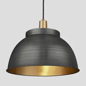 Industville Sleek Dome Pendant, 17 Inch, Pewter & Brass, Brass Holder