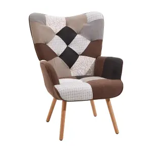 Colour Block Upholstered Armchair with Wooden Legs and Footstool