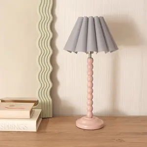 ValueLights Bobbins Painted Rose Table Lamp with Grey Scallop Tapered Lamp Shade and LED Bulb