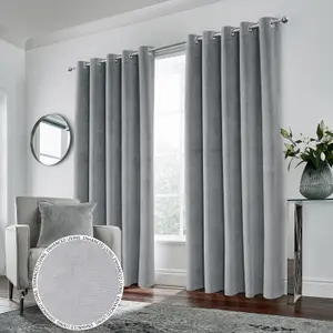 Luxury Enhanced Living Grey Velvet, Supersoft, 100% Blackout, Thermal Pair of Curtains with Eyelet Top - 46 x 54 inch (117x137cm)