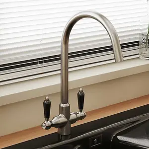 Astini Colonial Brushed Steel & Black Ceramic Handle Twin Lever Kitchen Mixer Tap